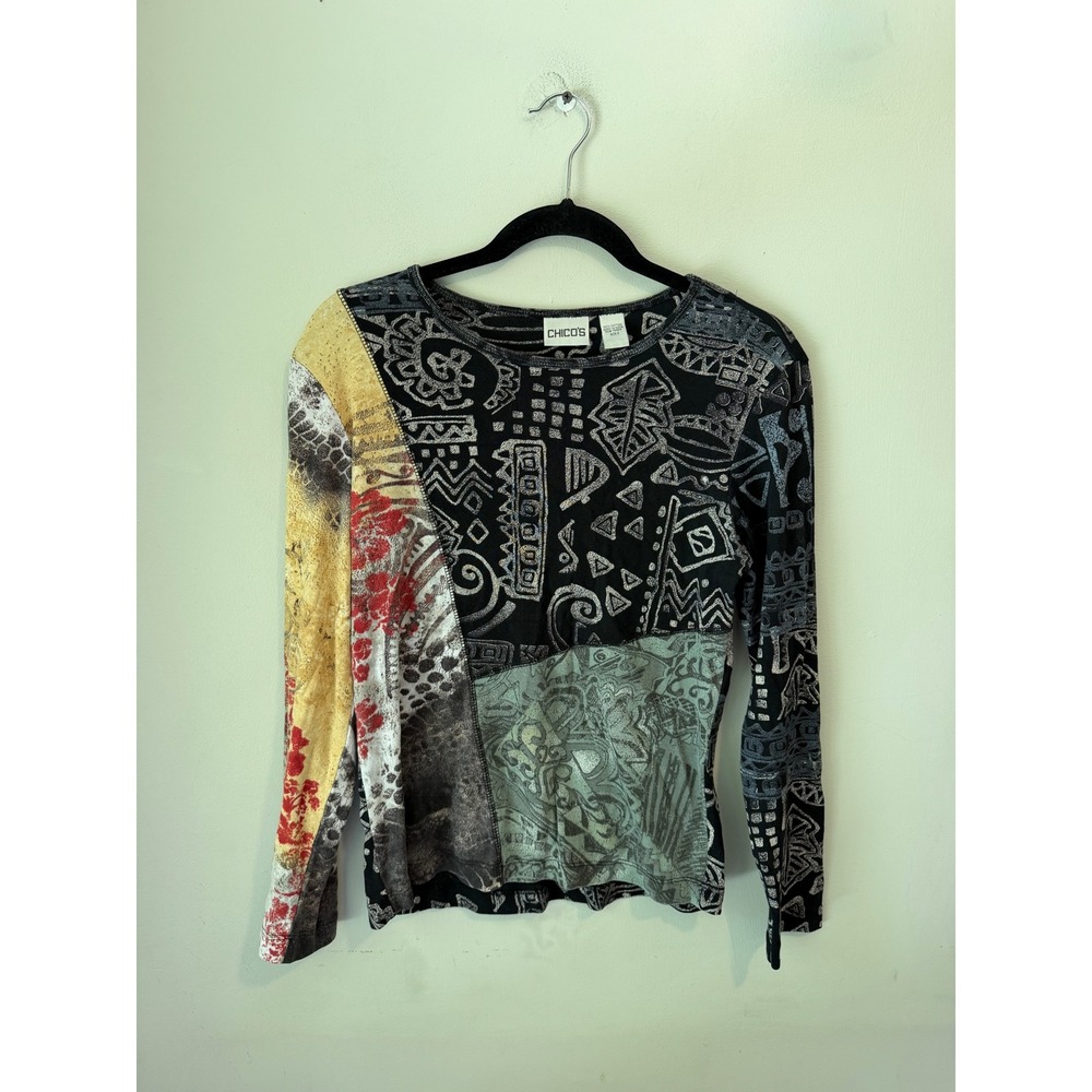 Chicos Mixed Media Patchwork Tribal Print Cotton Top Size 0 XS Black Yellow Red